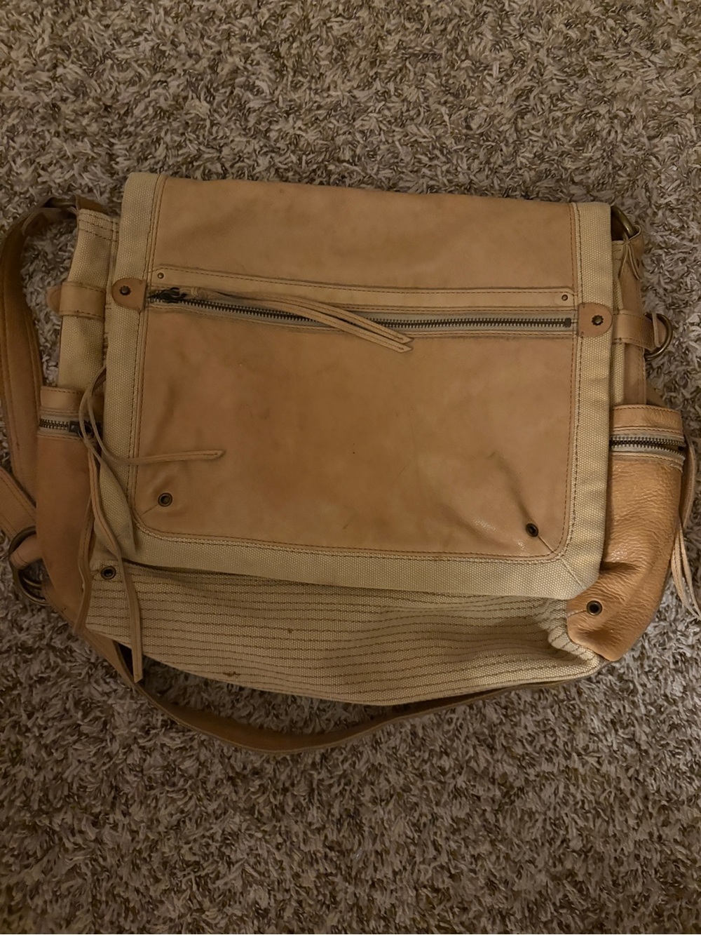 Fossil Tan Leather & Canvas Laptop Messenger Bag